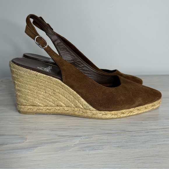 Castaner Chocolate Brown Suede Pointed Toe Sling-back Minimalist Resort Wedges - Picture 2 of 10